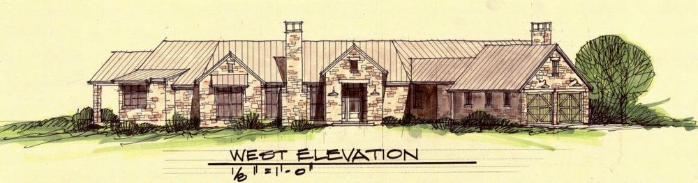 One of several conceptual sketches for Chris Hornbaker’s ranch home at his sustainable North Texas vineyard takes advantage of the 360-degree views of the rolling hills of Collin County.